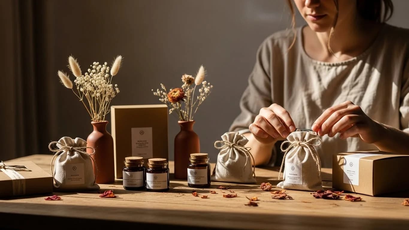Small business owner reviewing brand materials including logo designs, color palettes, and business cards on a modern desk