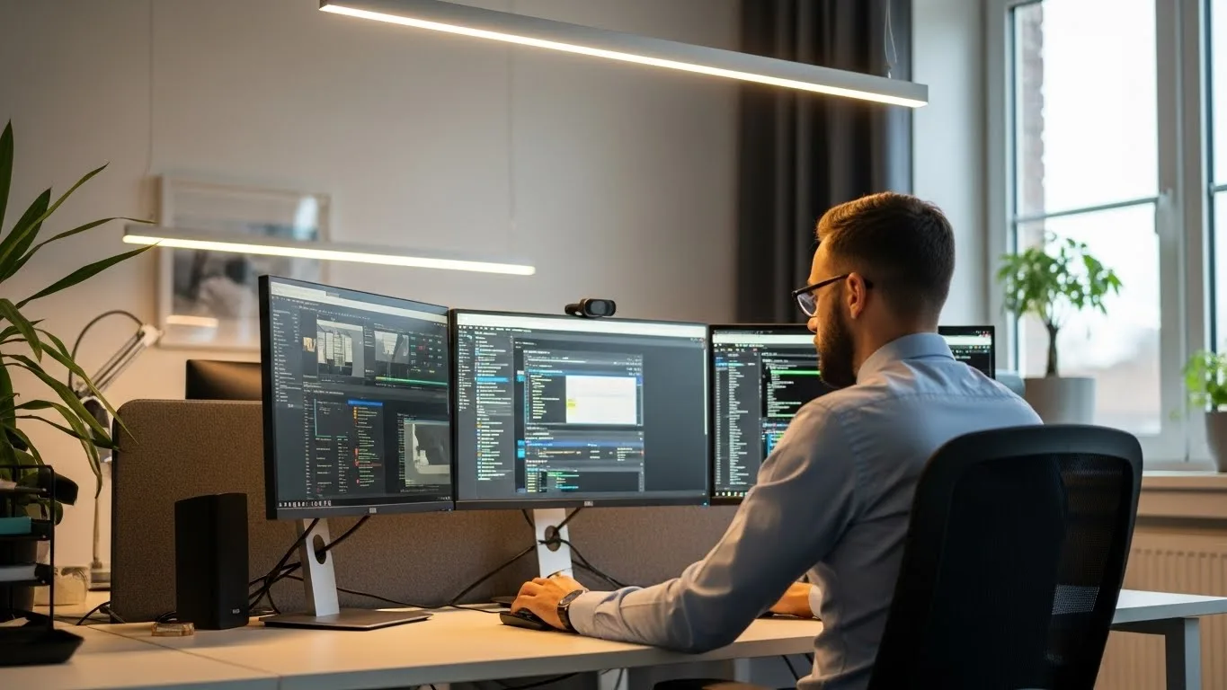 Modern web development workspace with performance metrics dashboard showing fast loading speeds